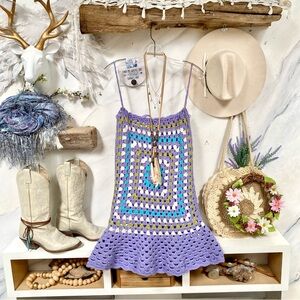 Artisan granny square boho vintage tunic/mini dress w hippy prairie vibe